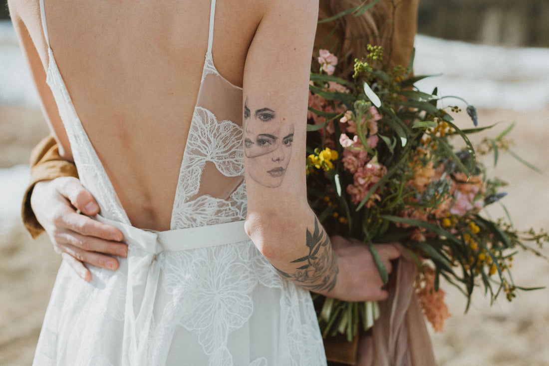 backless wedding dress and sustainable bride bouquet