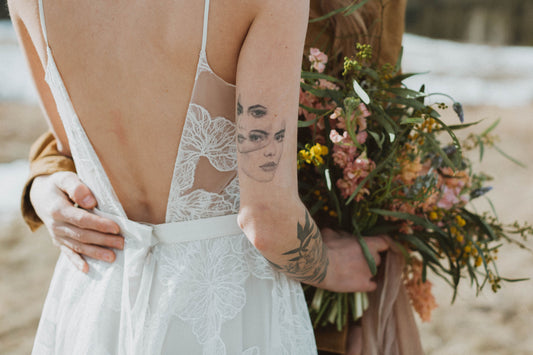 backless wedding dress and sustainable bride bouquet