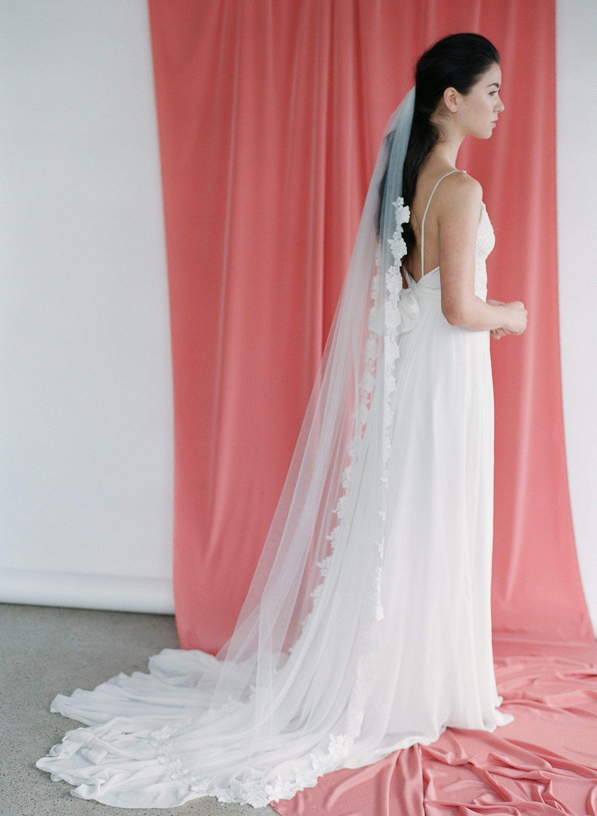 Classic tulle veil with a floral lace trim