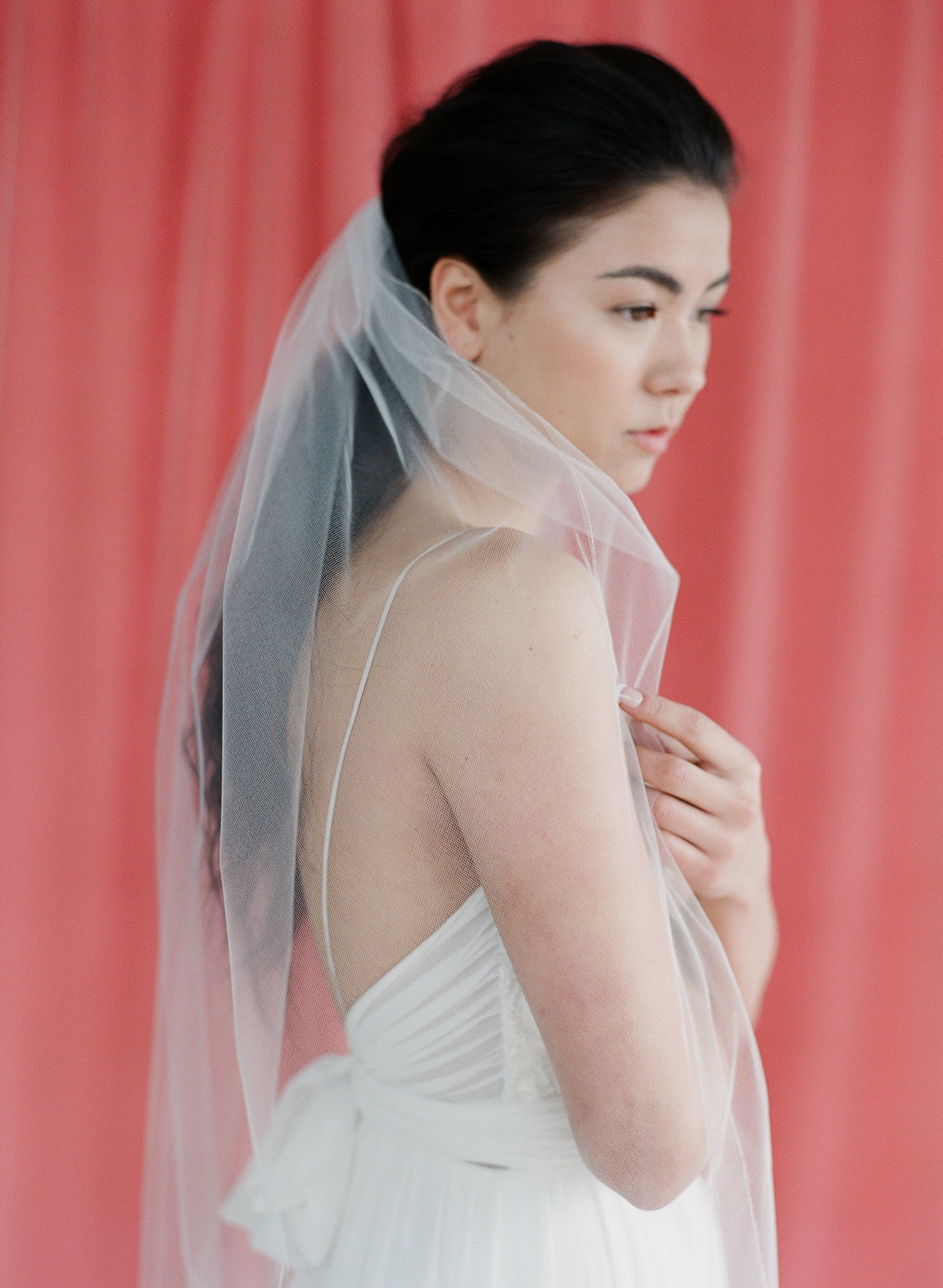simple classic tulle veil with a subtle gold or silver metallic trim